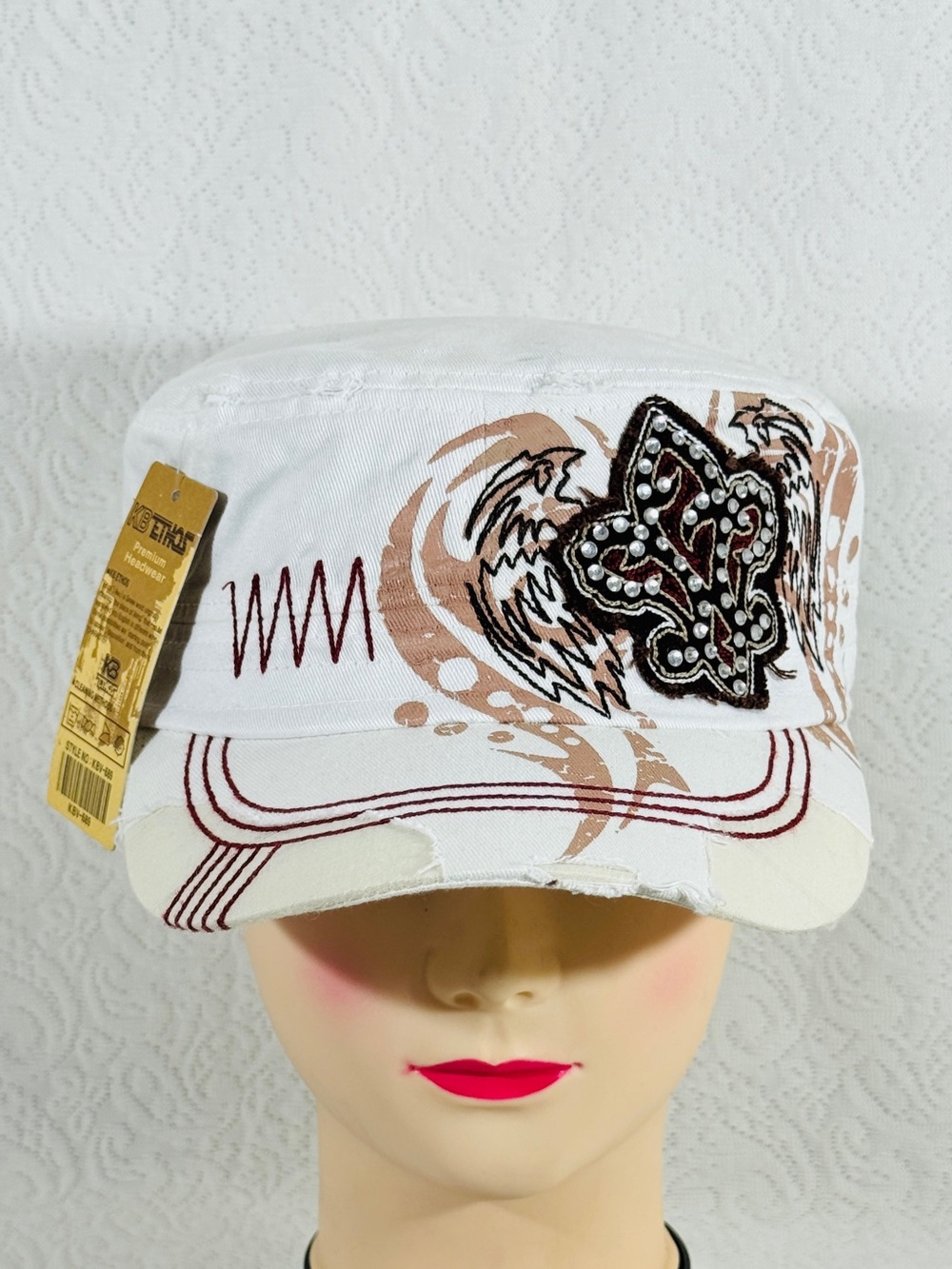 New With Tag Embellished White Women's Military Cap with hat Beige Accents